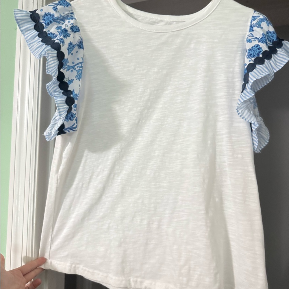 White Top with Blue Floral Ruffle Sleeves
